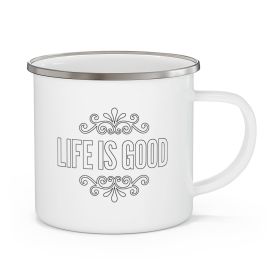 Enamel Camping Mug, Life Is Good Black Outline Graphic Illustration