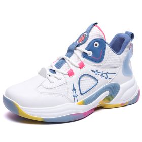 Brand men's basketball shoes breathable high-top men's shoes cushioning non-slip wear-resistant outdoor sports shoes (Color: white blue, size: 36)