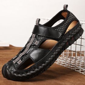 Summer Mesh Leather Sandals Men Plus Size Outdoor Sport Casual Outer Wear Elastic Band Beach Shoes Breathable Cool Vintage Color (Color: Black, size: 44)