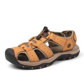 Summer new men's first layer cowhide overhead sandals comfortable outdoor casual men's sandals (Color: Light brown, size: 41)