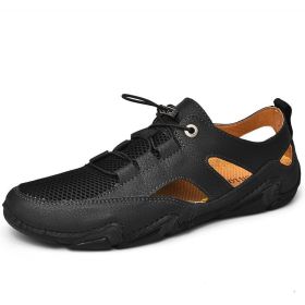 Hand Stitched Men's Mesh Shoes 2022 Summer Man Breathable Hollow Beach Shoes New Casual Outdoor Driving Shoes Men Flats Sandals (Color: Black, size: 43)