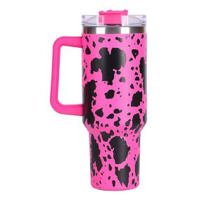 40oz 5D cowprint Insulated Tumbler With Handle And Straw Lid Portable Large Capacity water bottle, Heat preservation (Color: Rose Red cow print)